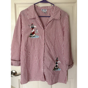 Vintage Coastal Grandma Embroidered Lighthouse Button Up Shirt Nautical Stripes